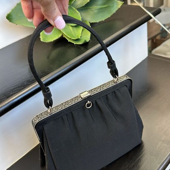 L and M vintage-look like new evening bag satchel purse black silver canvas - Picture 10 of 12